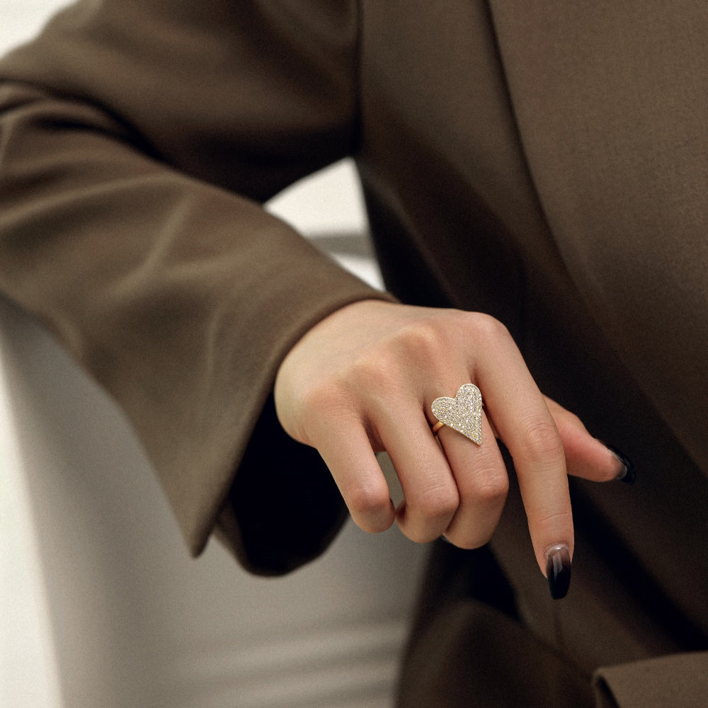 Silver Zircon Round Cut Iced Heart Dainty Ring
