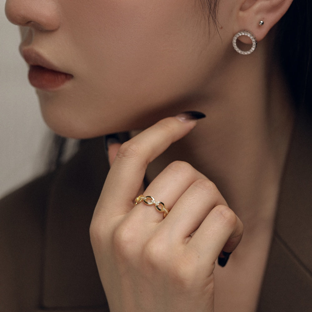 Silver Zircon Round Cut Layered Chain Dainty Ring