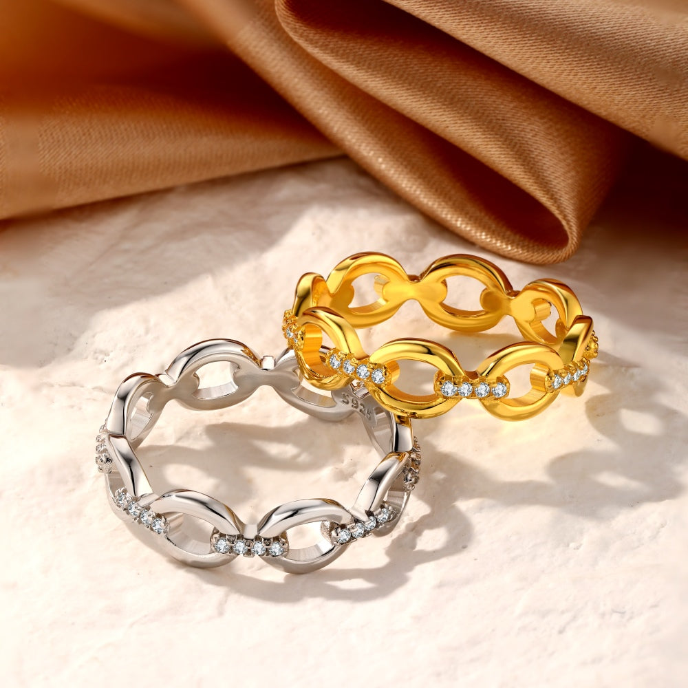 Silver Zircon Round Cut Layered Chain Dainty Ring