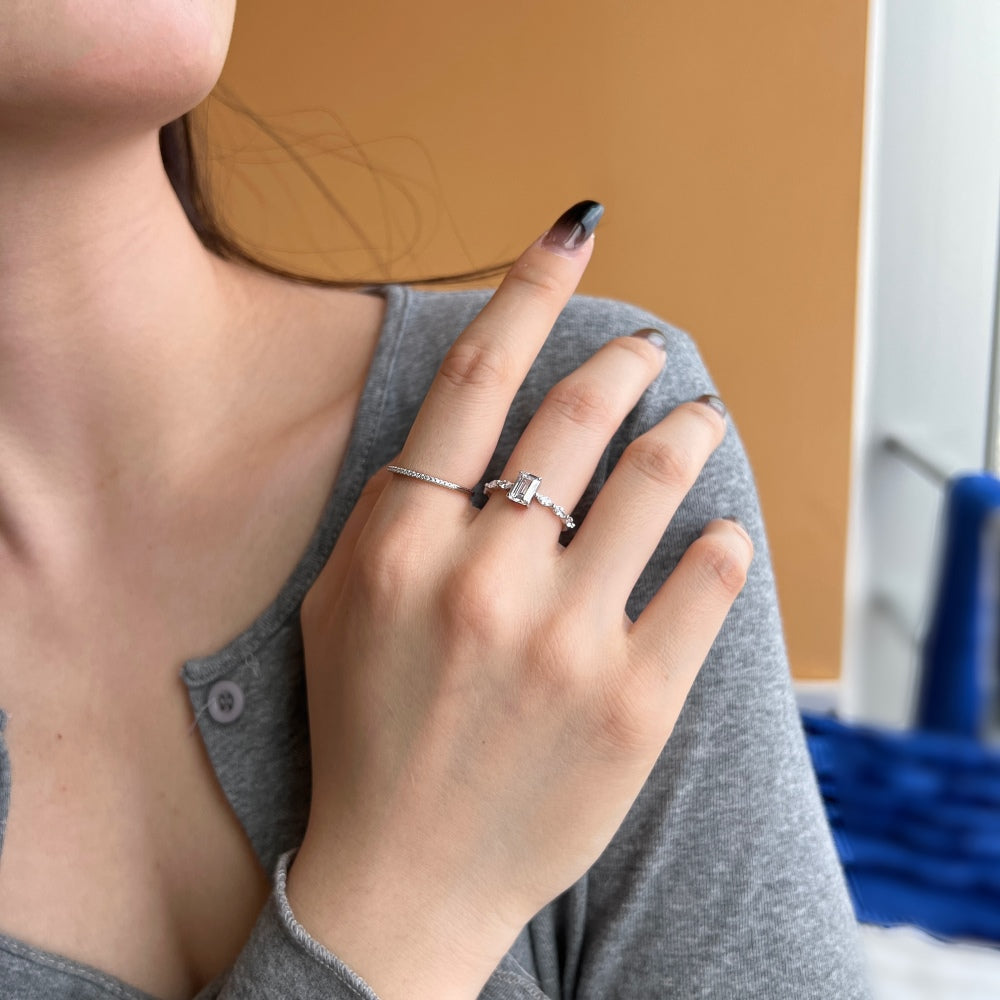 Silver Zircon Round Cut Thin Wrapped Inlaid Eternity Ring