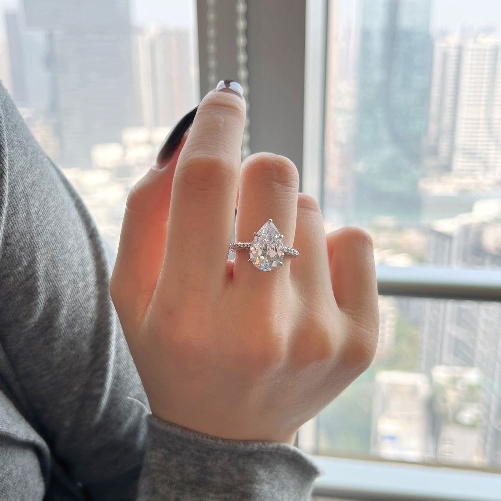 Silver Zircon Pear Cut Inlaid Wrapped Solitaire Ring