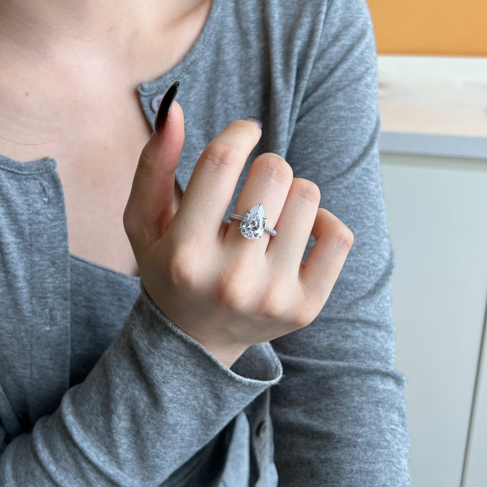 Silver Zircon Pear Cut Inlaid Wrapped Solitaire Ring