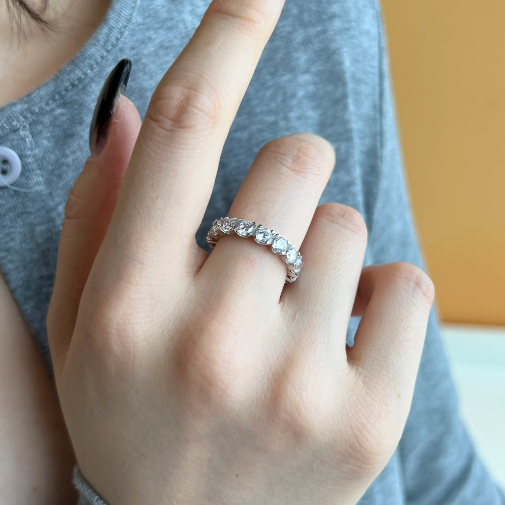 Silver Zircon Round Cut Wrapped Box Eternity Ring