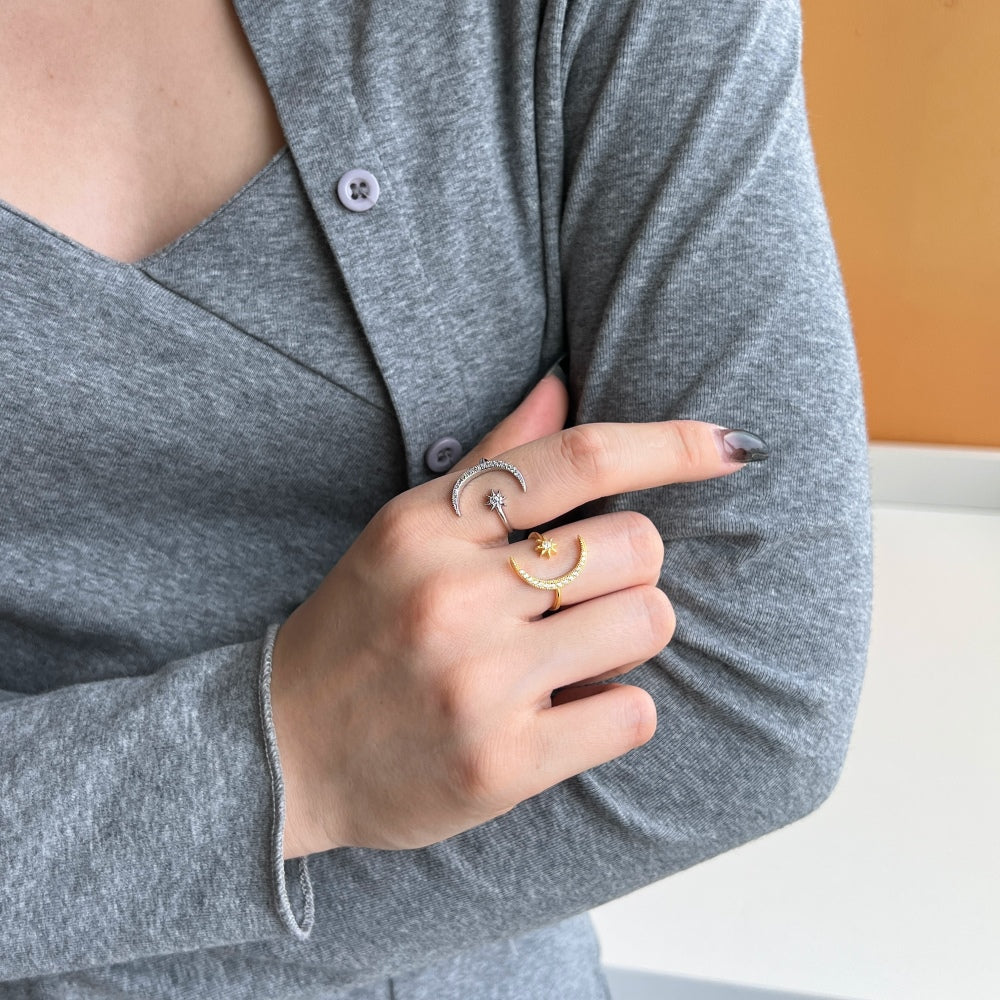 Silver Zircon Round Cut Open Crescent Bypass Ring