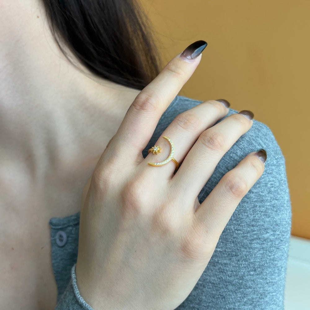 Silver Zircon Round Cut Open Crescent Bypass Ring