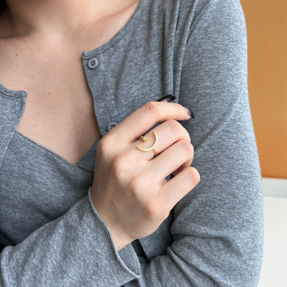 Silver Zircon Round Cut Open Crescent Bypass Ring