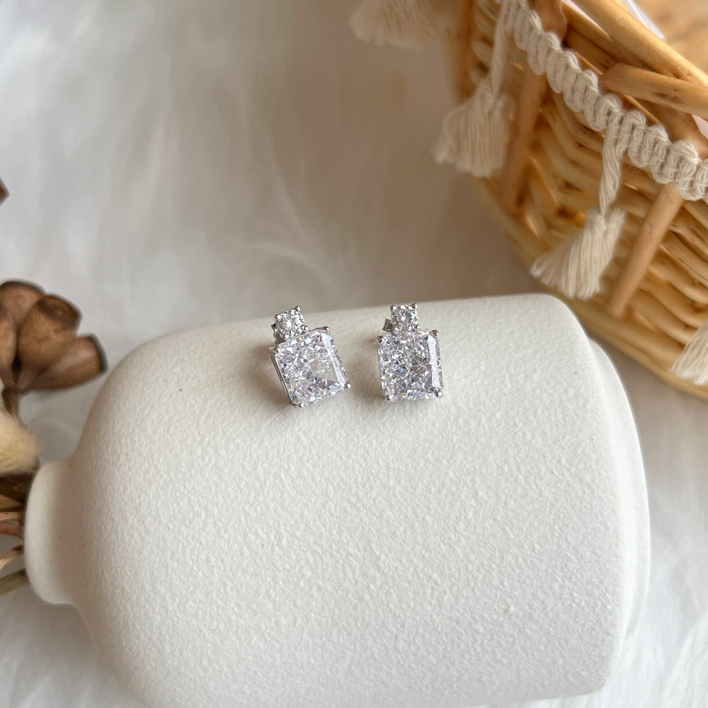 Silver Zircon Radiant Cut Stacked Squared Ear Studs