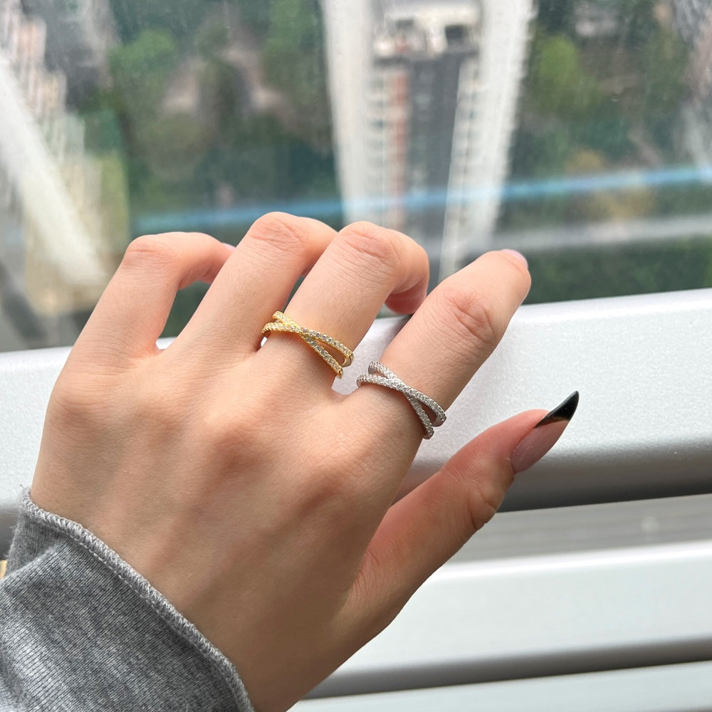 Silver Zircon Round Cut Inlaid Crossover Ring