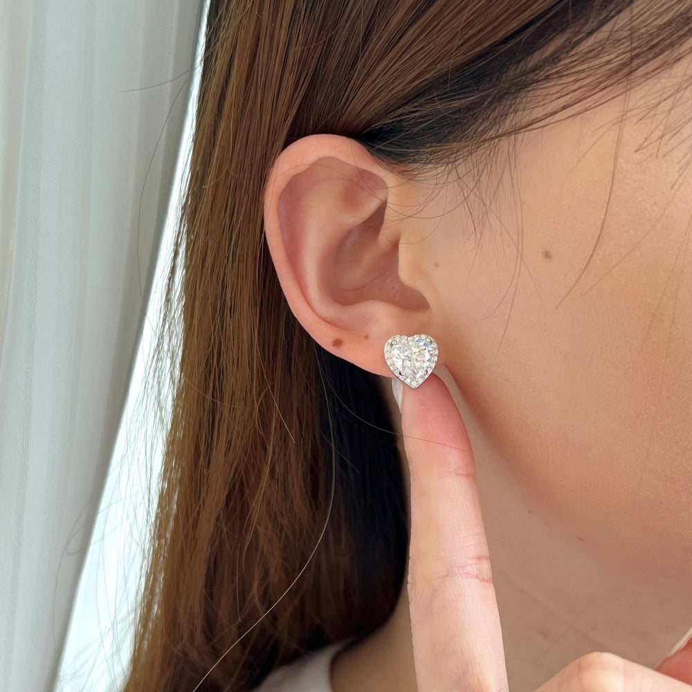 Silver Zircon Heart Cut Big Inlaid Halo Ear Studs