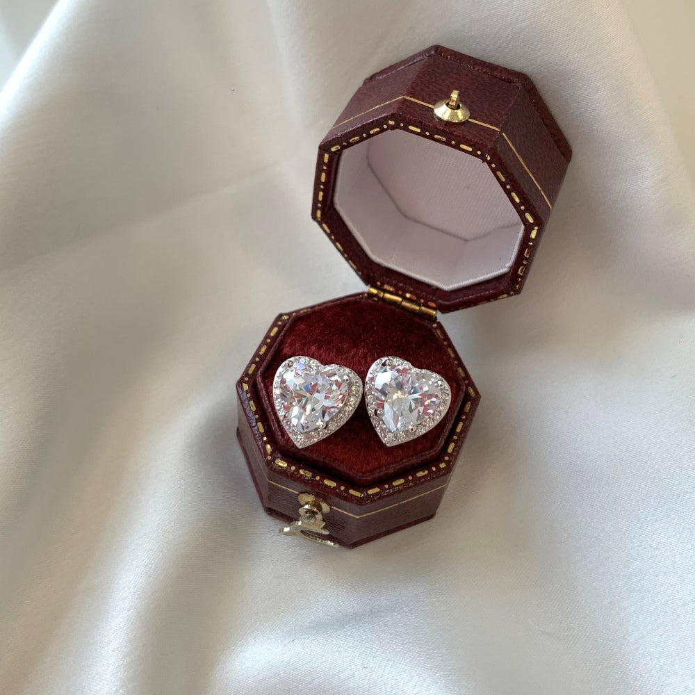 Silver Zircon Heart Cut Big Inlaid Halo Ear Studs