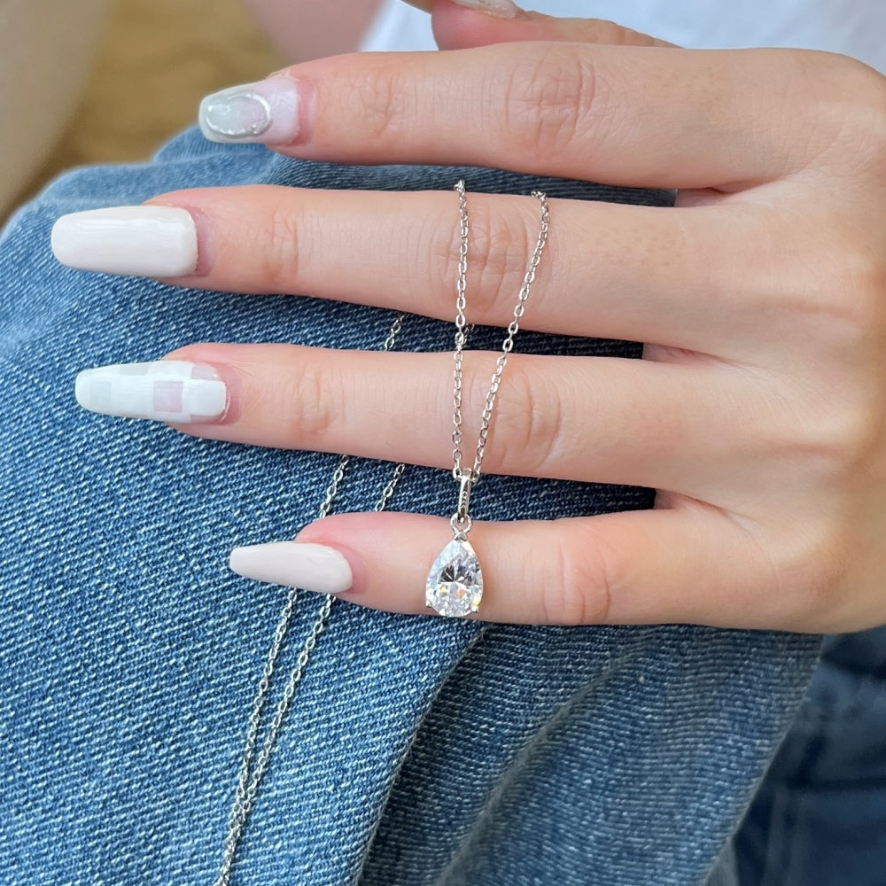 Silver Zircon Pear Cut Water Drop Pendant Necklace