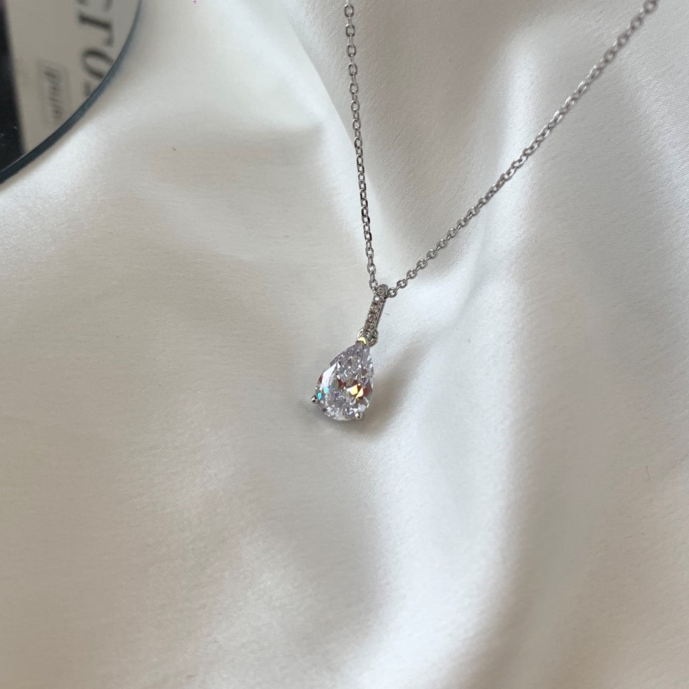 Silver Zircon Pear Cut Water Drop Pendant Necklace