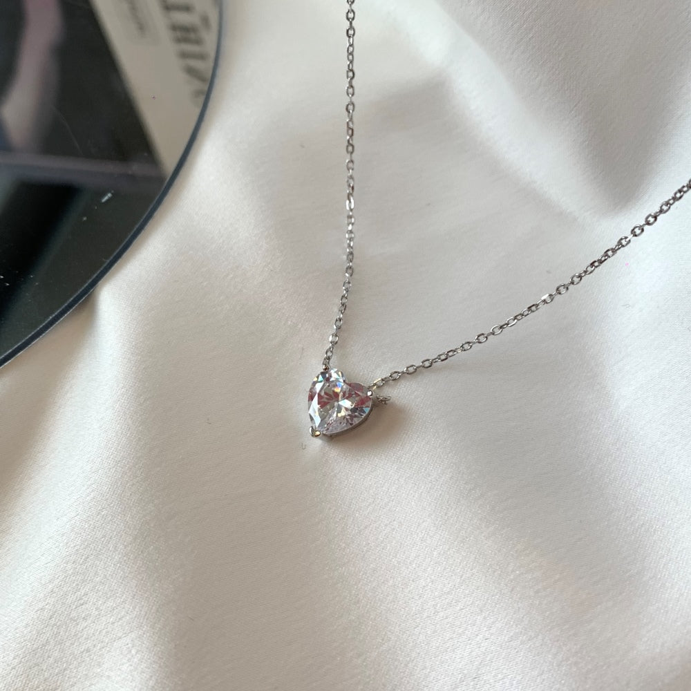 Silver Zircon Heart Cut Love Pendant Necklace