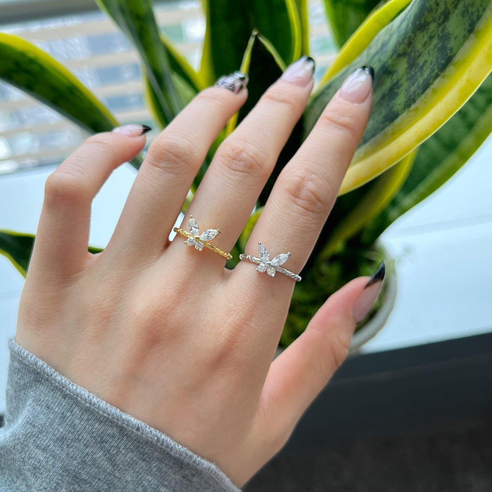 Silver Zircon Marquise Cut Melting Twisted Butterfly Dainty Ring