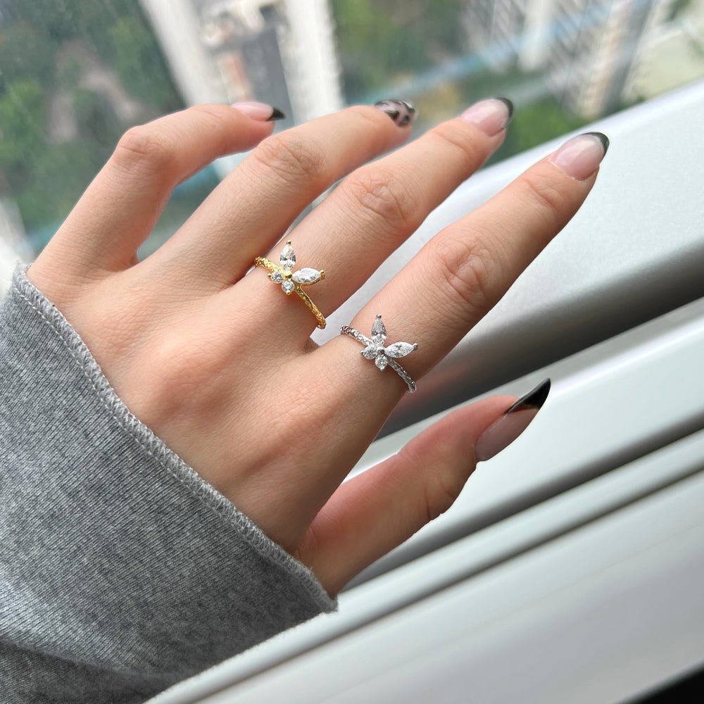 Silver Zircon Marquise Cut Melting Twisted Butterfly Dainty Ring