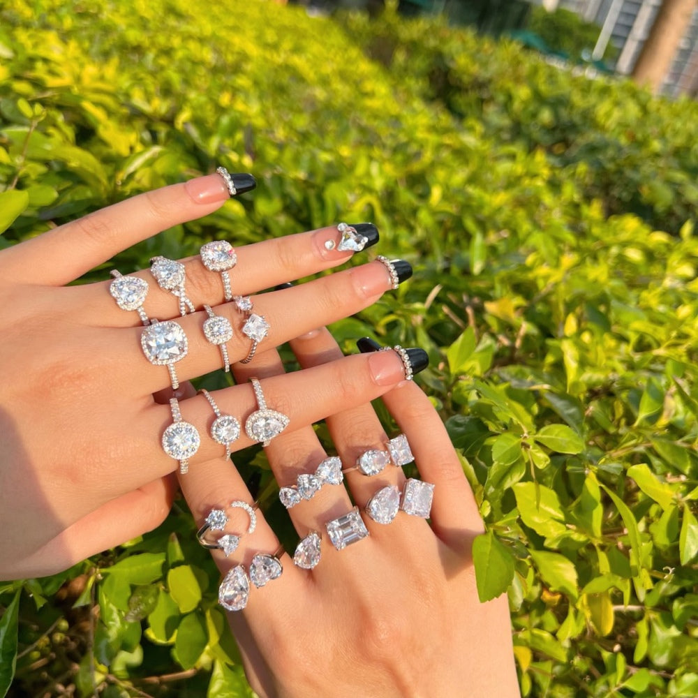 Silver Zircon Cushion Square Cut Inlaid Halo Ring