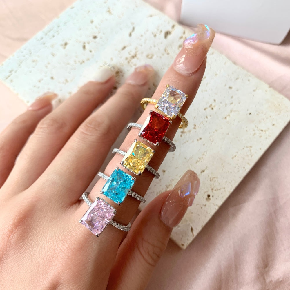 Silver Zircon Radiant Cut Iced Inlaid Solitaire Ring