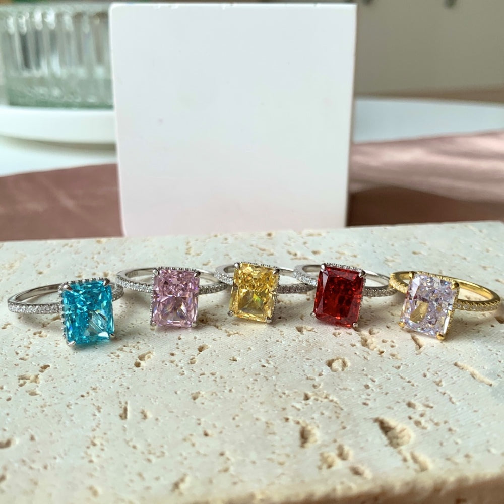 Silver Zircon Radiant Cut Iced Inlaid Solitaire Ring