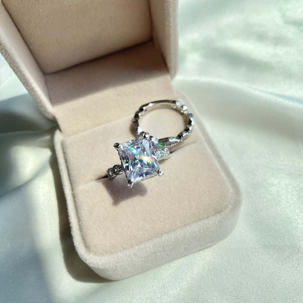 Silver Zircon Radiant Cut Squared Solitaire Ring