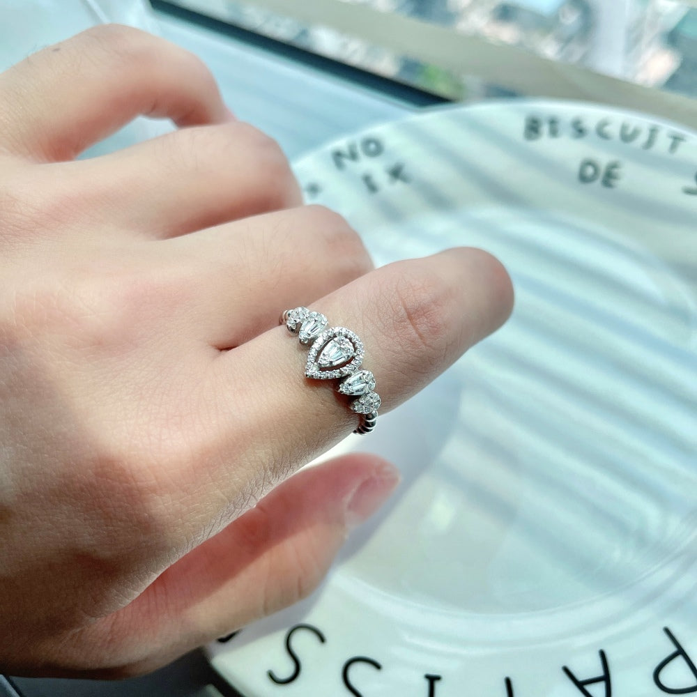 Silver Zircon Baguette Cut Iced Water Drop Dainty Ring