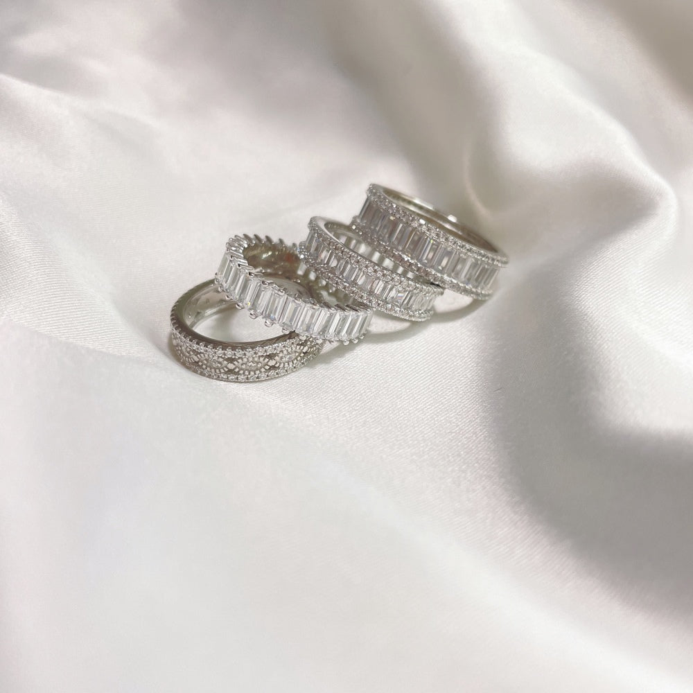 Silver Zircon Baguette Cut Thin Stacked Eternity Ring