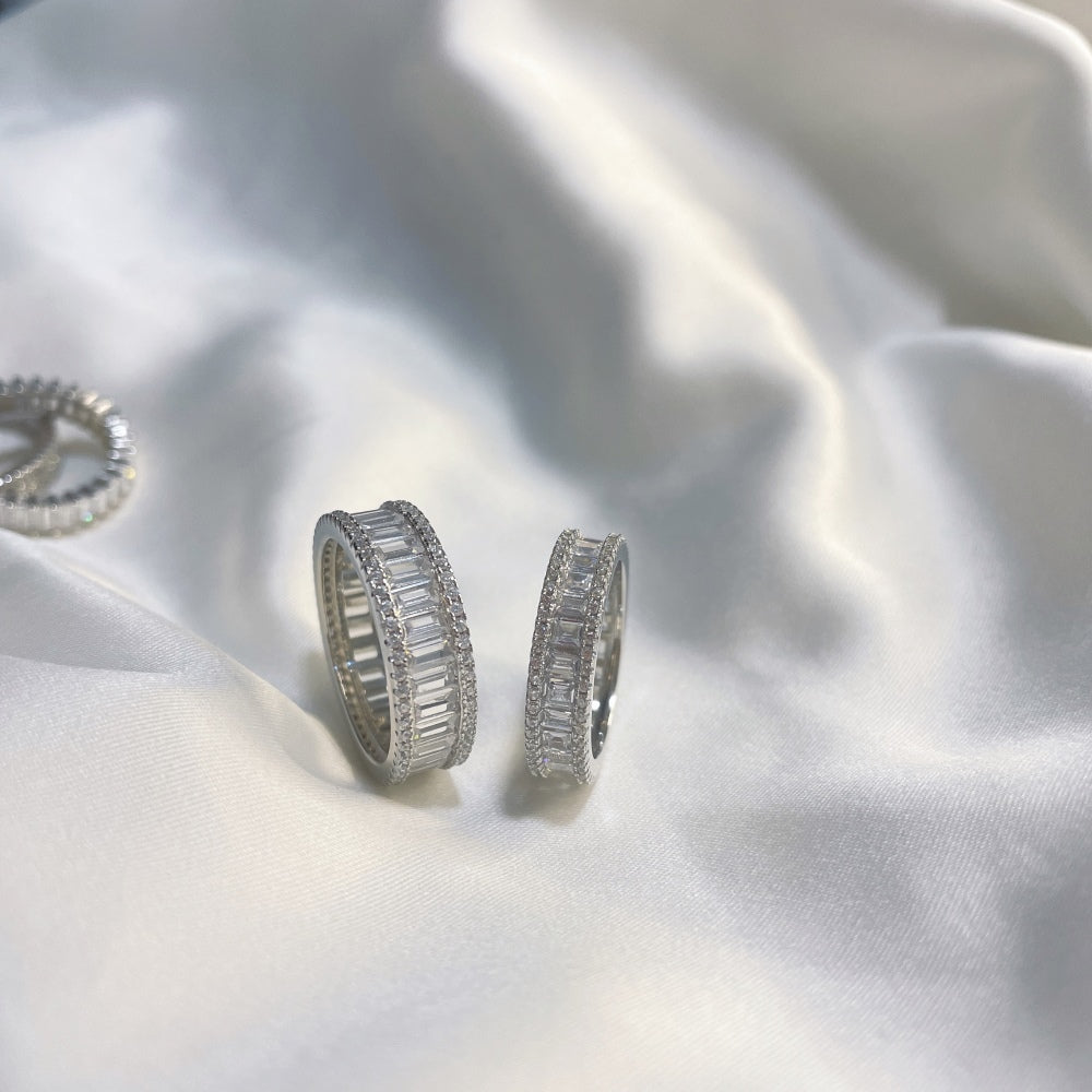 Silver Zircon Baguette Cut Thin Stacked Eternity Ring