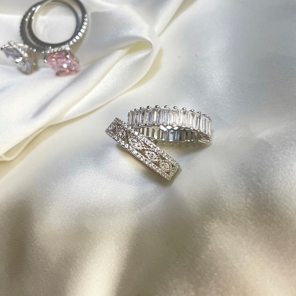 Silver Zircon Round Cut Inlaid Multi Layered Wedding Ring