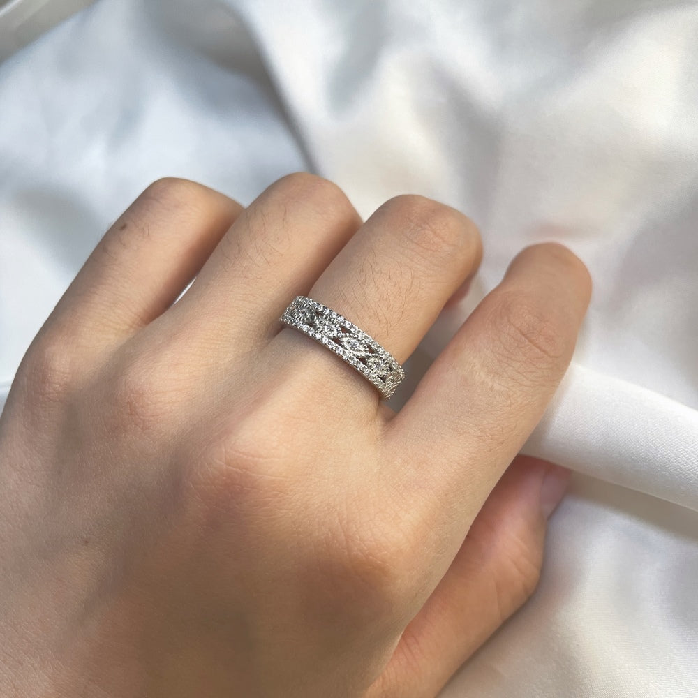 Silver Zircon Round Cut Inlaid Multi Layered Wedding Ring