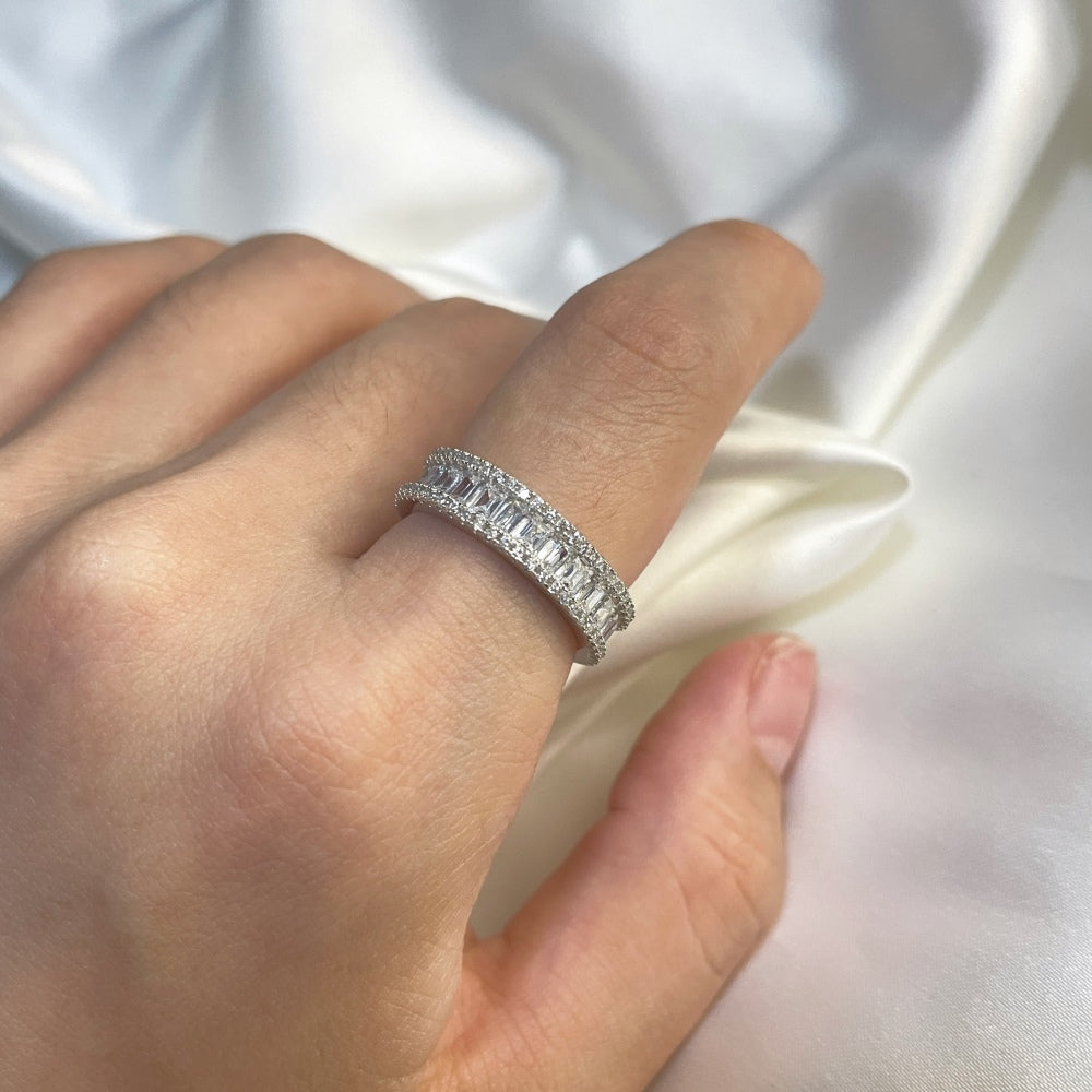 Silver Zircon Baguette Cut Thin Stacked Eternity Ring