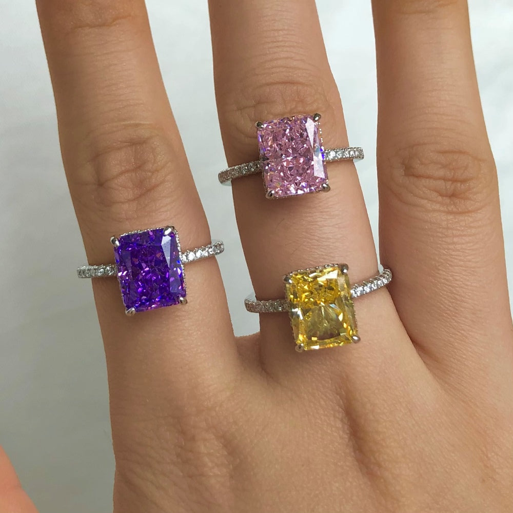 Silver Zircon Radiant Cut Iced Inlaid Solitaire Ring