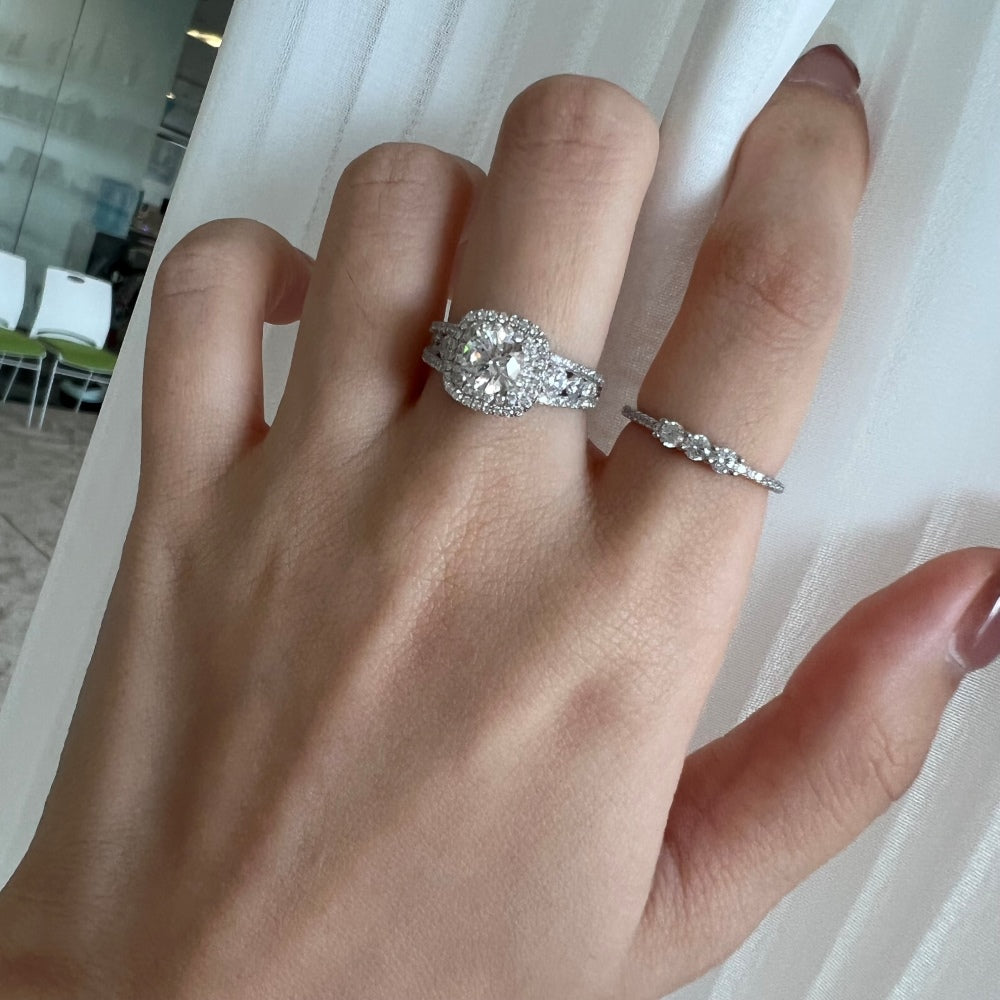 Silver Zircon Round Cut Dots Dainty Ring