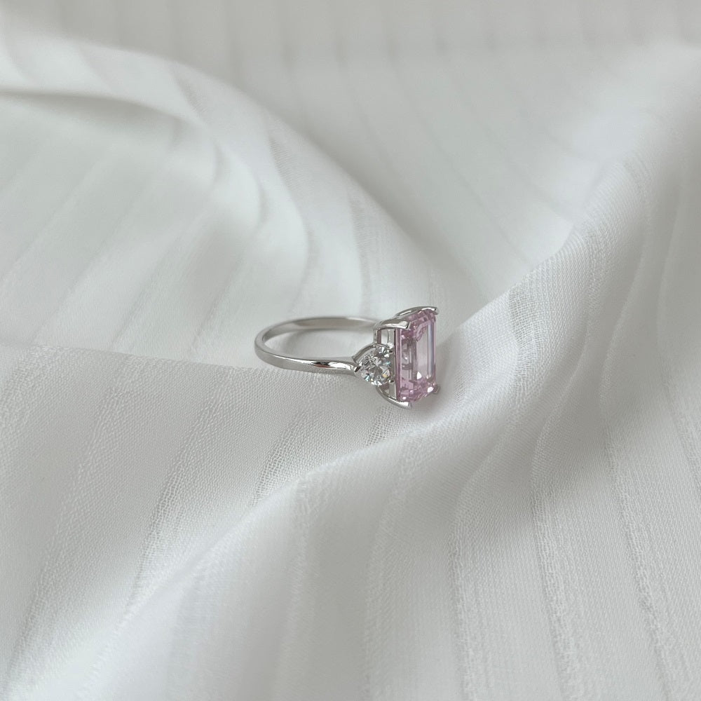Silver Zircon Emerald Cut Trilogy Three Stone Ring