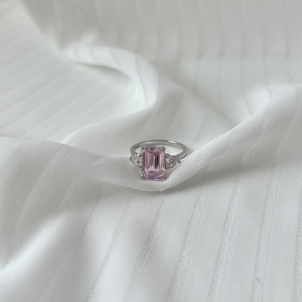 Silver Zircon Emerald Cut Trilogy Three Stone Ring