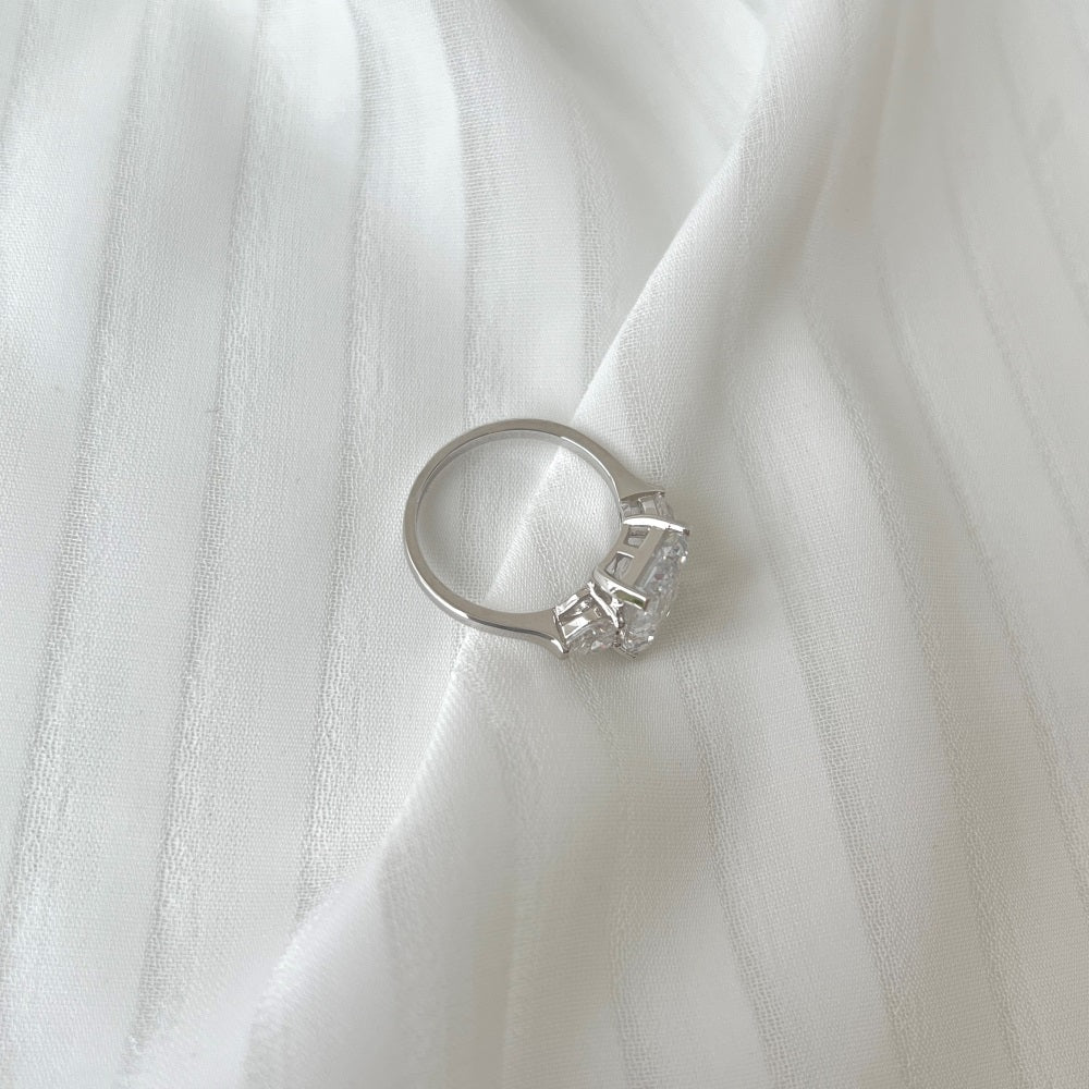 Silver Zircon Emerald Cut Trilogy Three Stone Ring