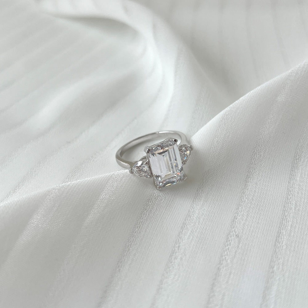 Silver Zircon Emerald Cut Trilogy Three Stone Ring