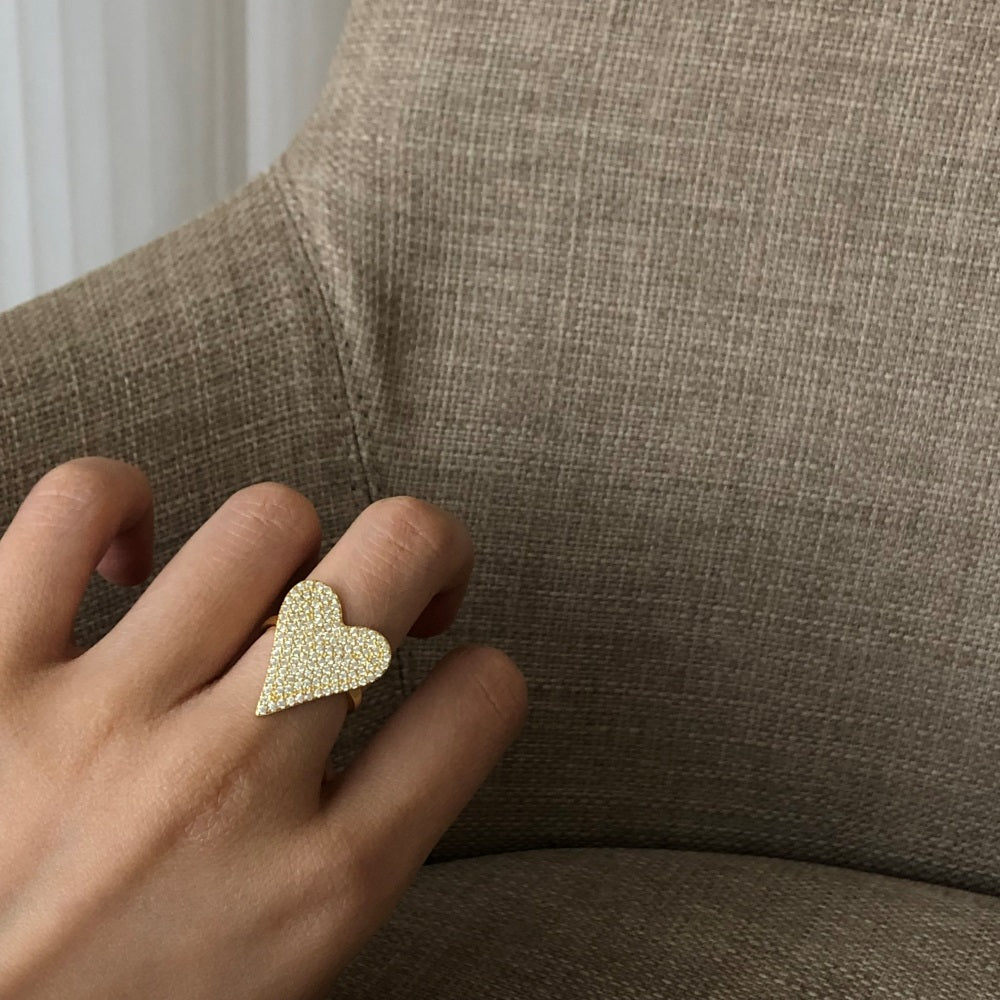 Silver Zircon Round Cut Iced Heart Dainty Ring
