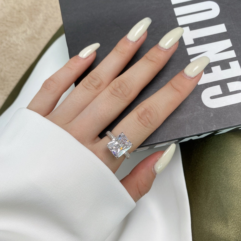Silver Zircon Radiant Cut Iced Squared Solitaire Ring
