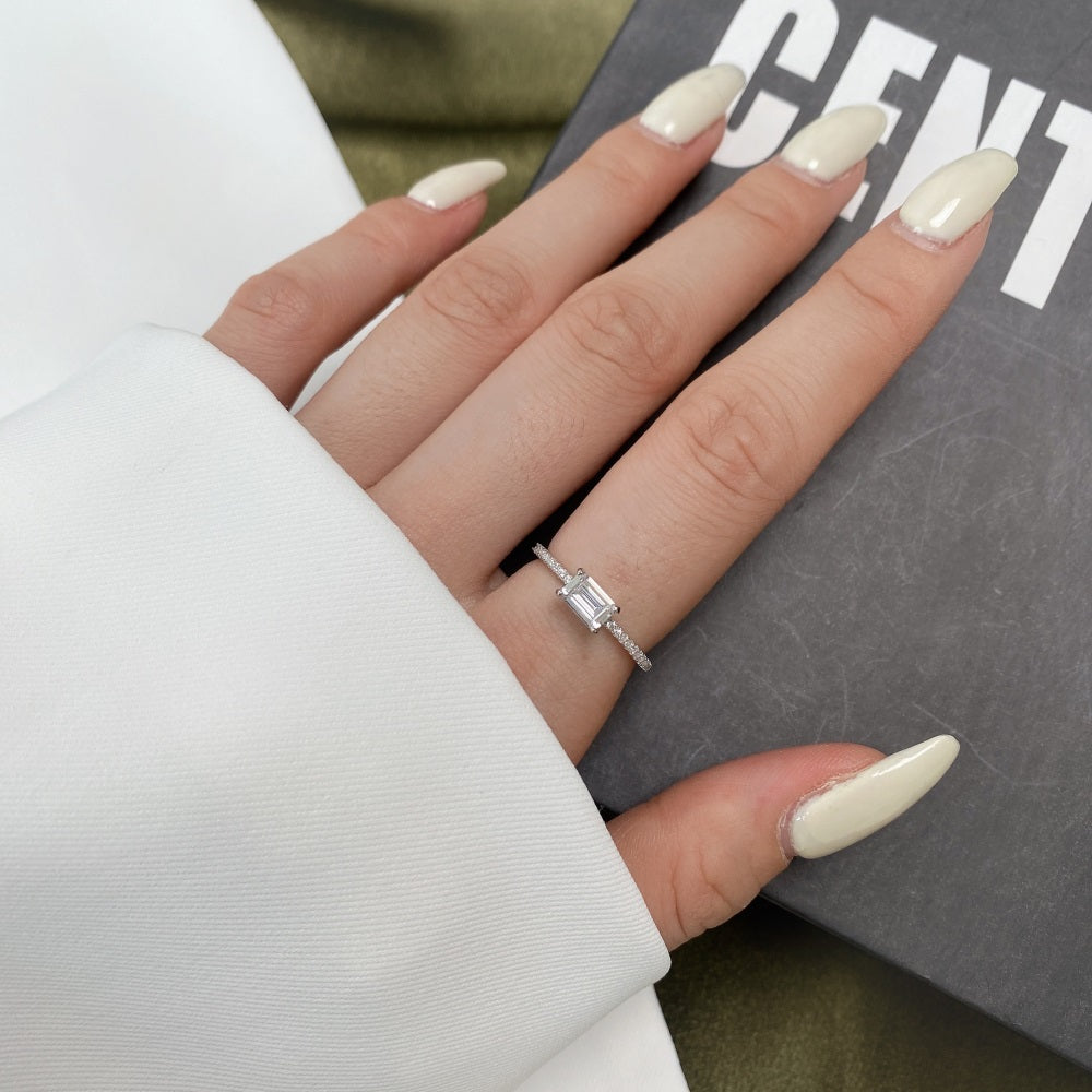 Silver Zircon Emerald Cut Sided Solitaire Ring