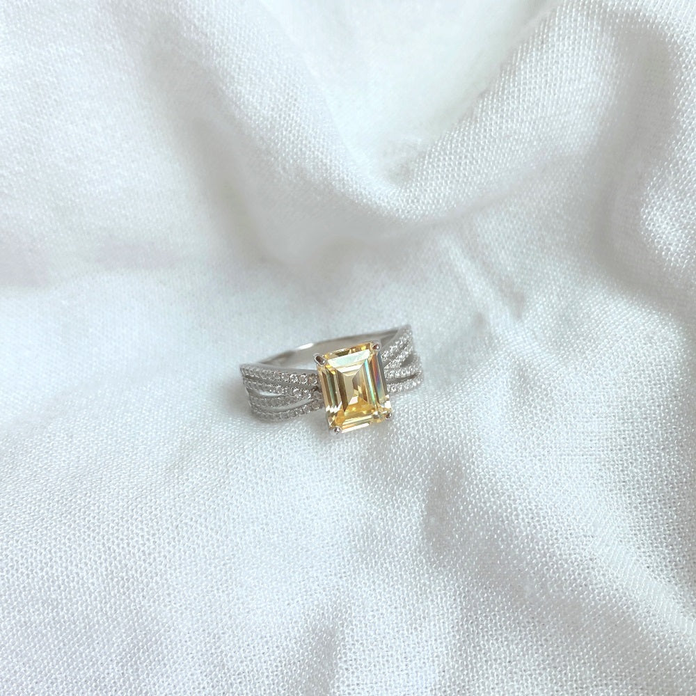 Silver Zircon Emerald Cut Twisted Inlaid Solitaire Ring