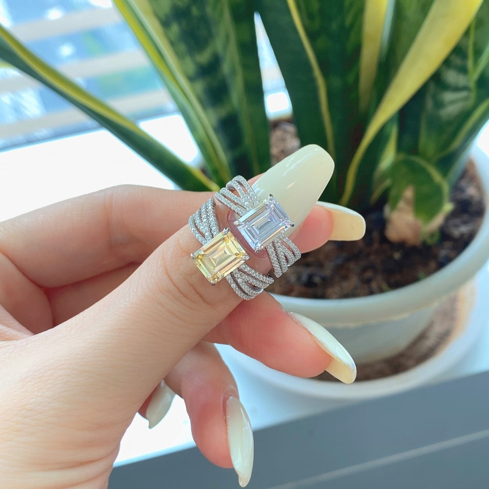 Silver Zircon Emerald Cut Twisted Inlaid Solitaire Ring