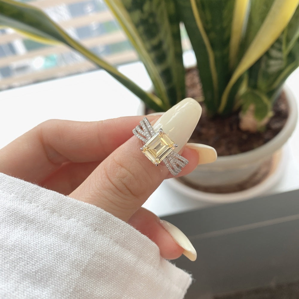 Silver Zircon Emerald Cut Twisted Inlaid Solitaire Ring