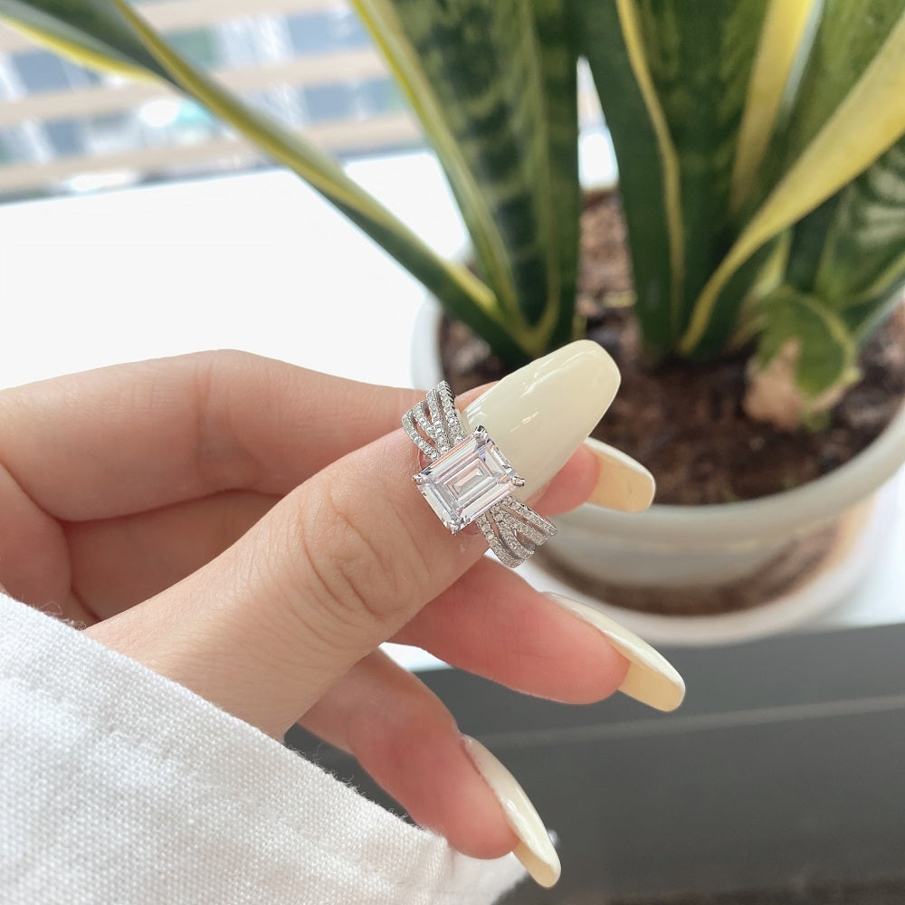 Silver Zircon Emerald Cut Twisted Inlaid Solitaire Ring