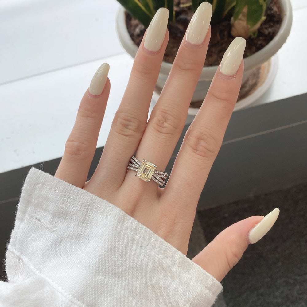 Silver Zircon Emerald Cut Twisted Inlaid Solitaire Ring