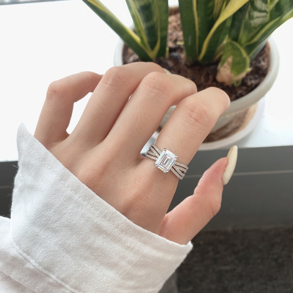 Silver Zircon Emerald Cut Twisted Inlaid Solitaire Ring