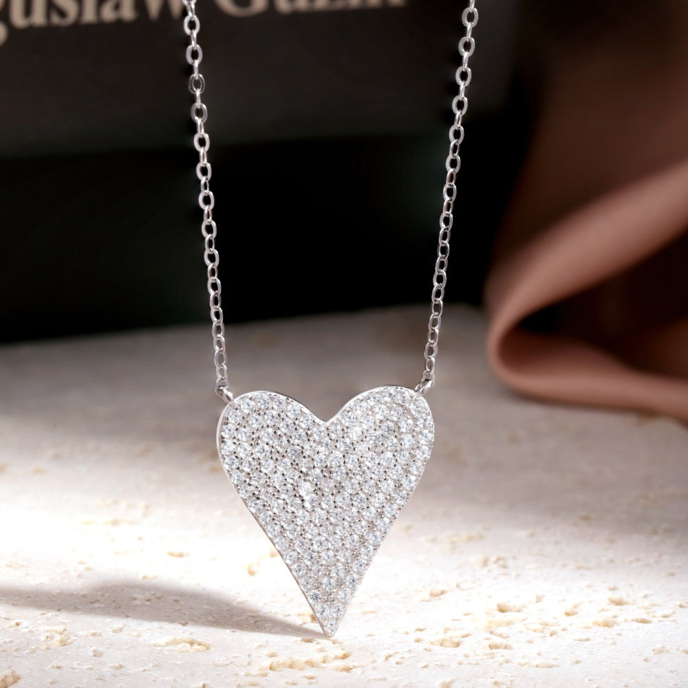 Silver Zircon Round Cut Big Iced Heart Pendant Necklace