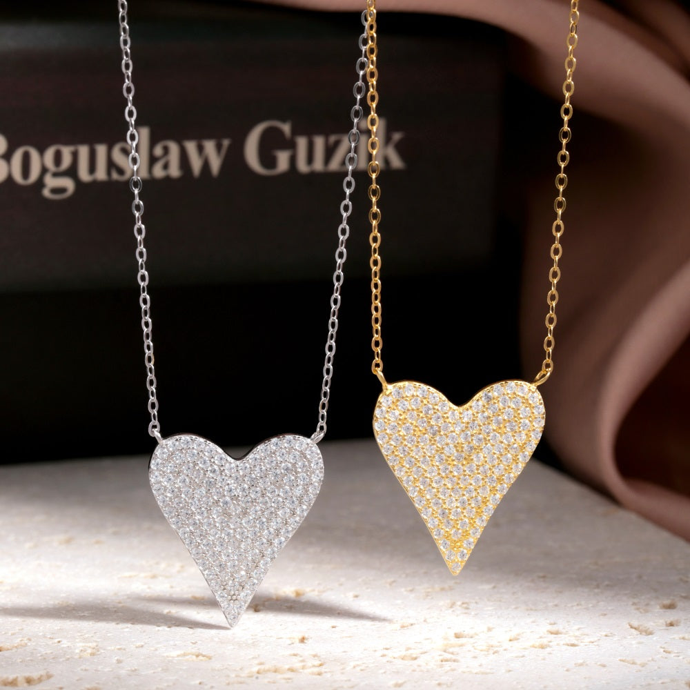 Silver Zircon Round Cut Big Iced Heart Pendant Necklace