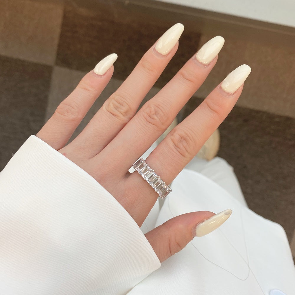 Silver Zircon Emerald Cut Wrapped Inlaid Wedding Ring