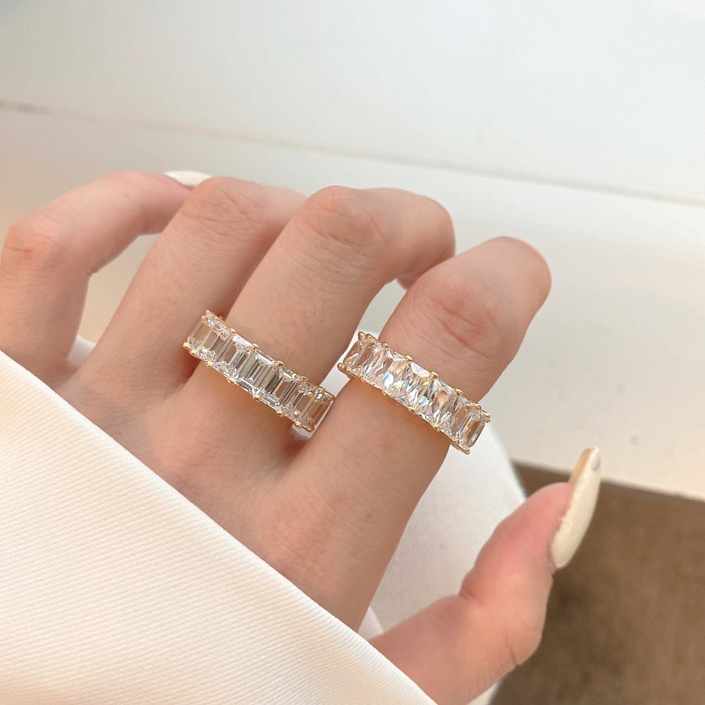 Silver Zircon Emerald Cut Wrapped Inlaid Wedding Ring