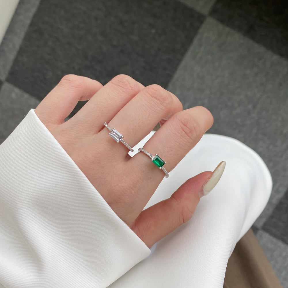 Silver Zircon Emerald Cut Sided Solitaire Ring