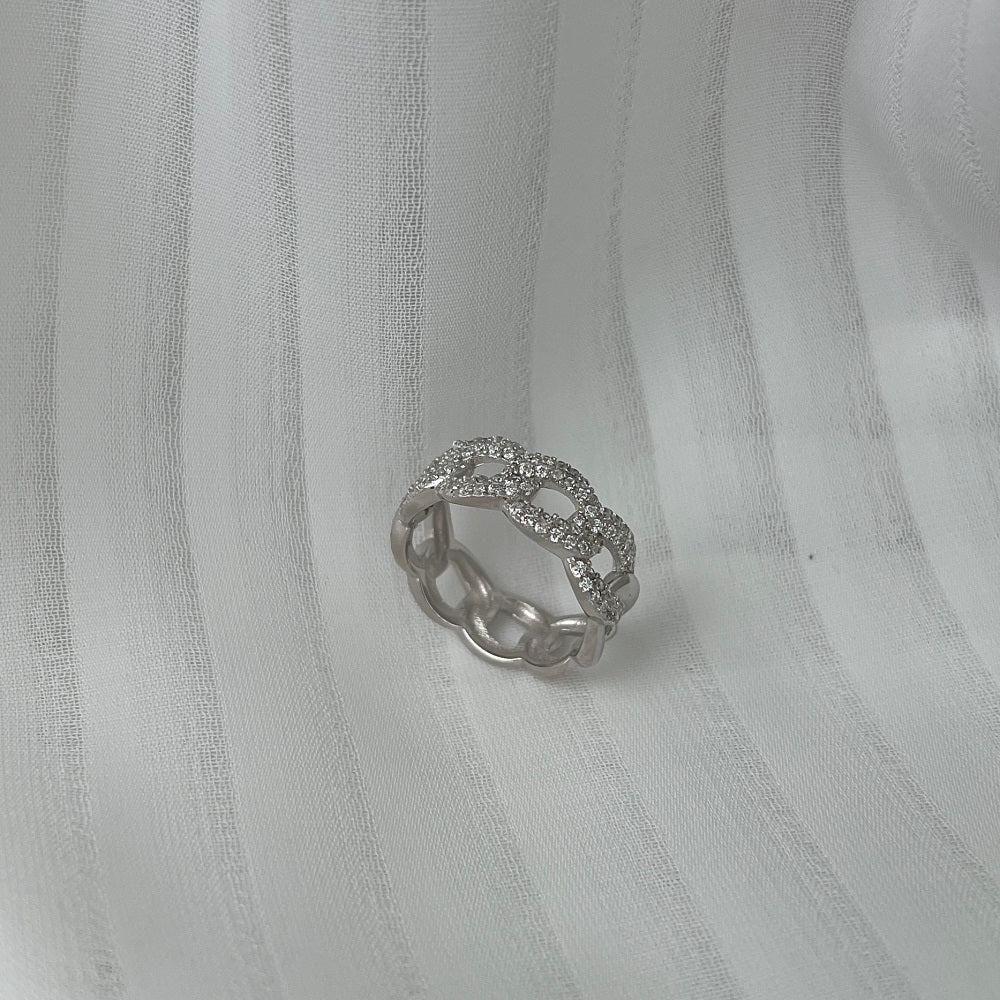 Silver Zircon Round Cut Inlaid Cuban Eternity Ring